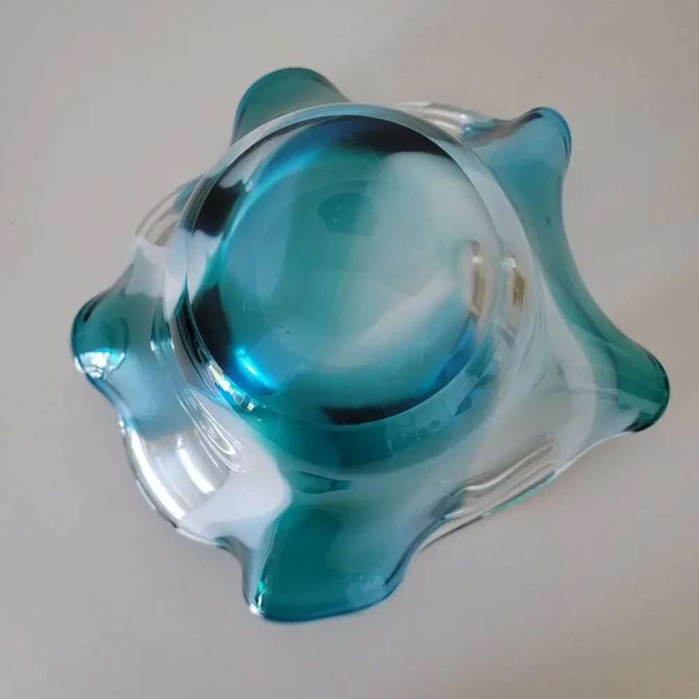 Hand Blown Glass Vase Bowl Turquoise White Clear Handkerchief Flair Home Decor